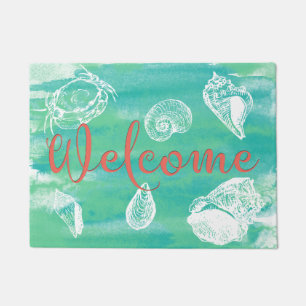 Watercolor Beach Welcome Teal Green Coral Doormat
