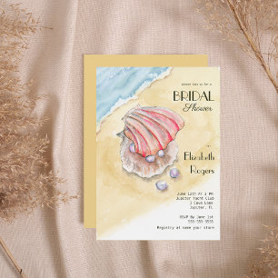 Watercolor Beach With Clams & Pearls Bridal Shower Invitation