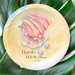Watercolor Beach With Clams & Pearls Bridal Shower Paper Plate