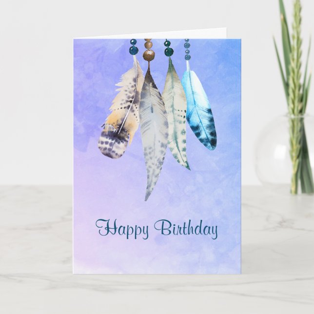 Watercolor Beads 'n Feathers Happy Birthday Card (Front)