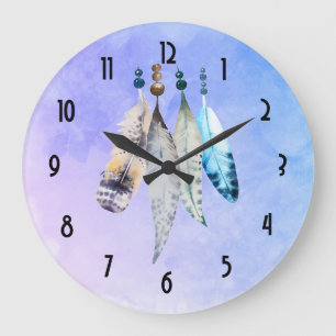 Watercolor Beads 'n Feathers on Bluish Purple Large Clock