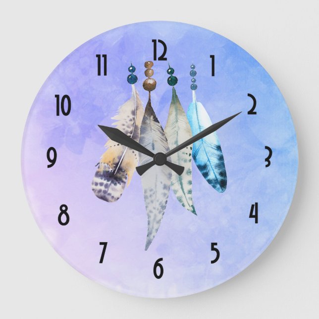 Watercolor Beads 'n Feathers on Bluish Purple Large Clock (Front)