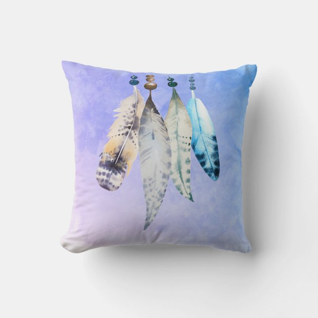 Watercolor Beads 'n Feathers on Bluish Purple Throw Pillow (Front)