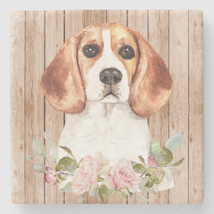 Watercolor Beagle & Flowers Stone Coaster