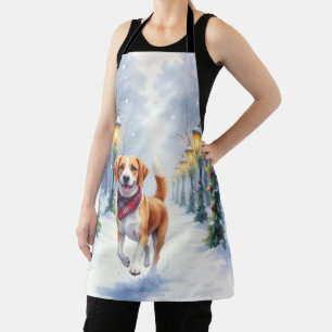 Watercolor Beagle Snowy Park Christmas Holiday Apron