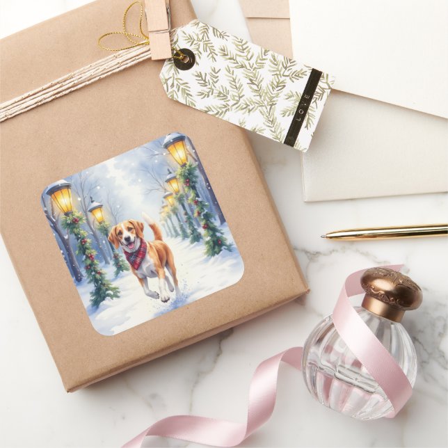 Watercolor Beagle Snowy Park Christmas Holiday Square Sticker (Gifting)