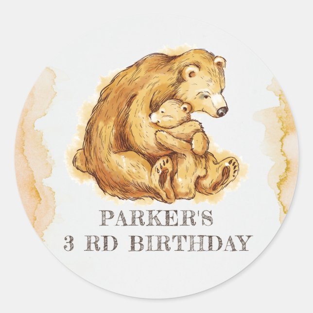 Watercolor Bear Birthday Personalized Classic Round Sticker (Front)