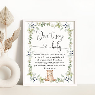 Watercolor bear Don't say baby shower game Poster