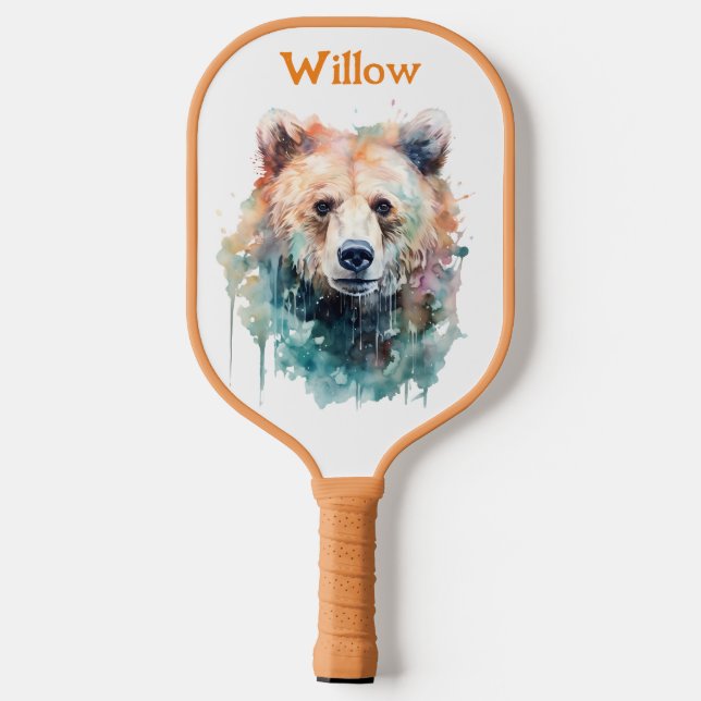 Watercolor Bear Head Modern Monogram  Pickleball Paddle (Back)