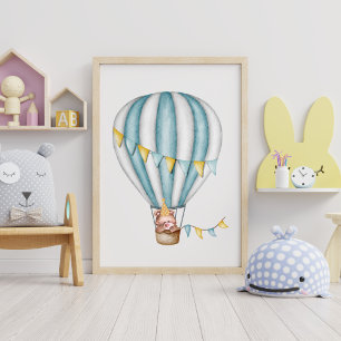 Watercolor Bear Hot Air Baloon Festive Boy Bedroom Poster