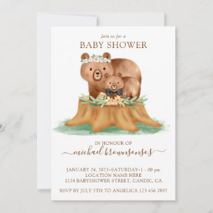 Watercolor Bear Mommy Baby Shower Boy Invitation