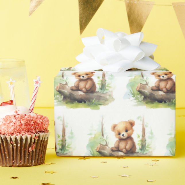 Watercolor Bear On Log Wrapping Paper (Birthday Party)