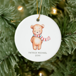 Watercolor Bear Personalized Baby's 1st Christmas Ceramic Ornament