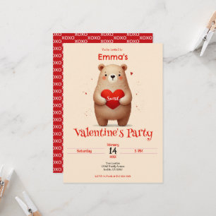 Watercolor Bear Red Heart xoxo Valentine's Party Invitation