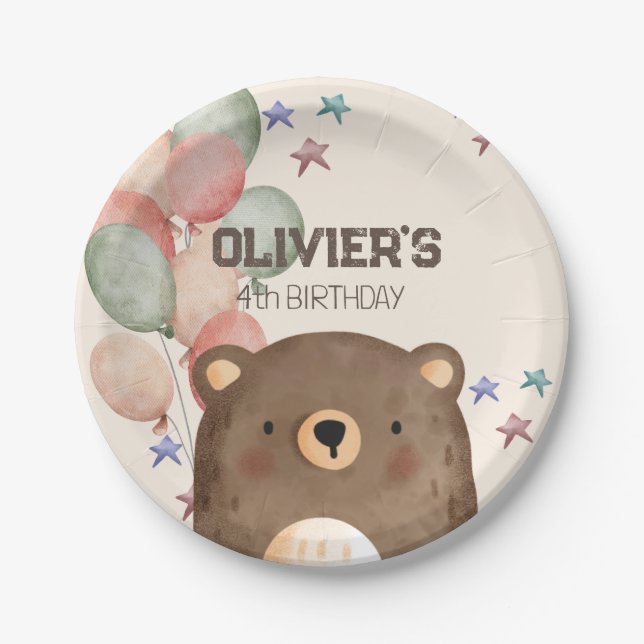 watercolor bear with balloons birthday paper plate (Front)