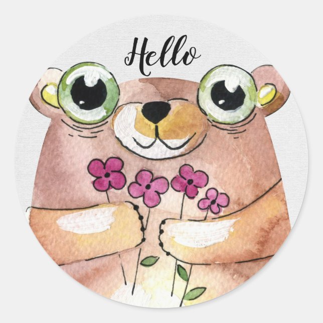 Watercolor Bear with Bouquet Classic Round Sticker (Front)
