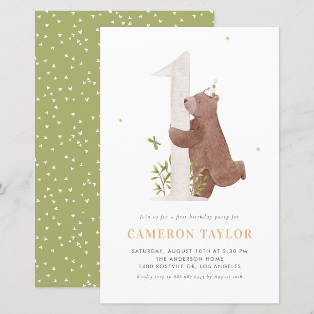 Watercolor Bear Woodland First Birthday Invitation (Front/Back)