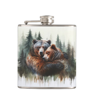Watercolor Bears & Trees Rustic Wilderness  Hip Flask