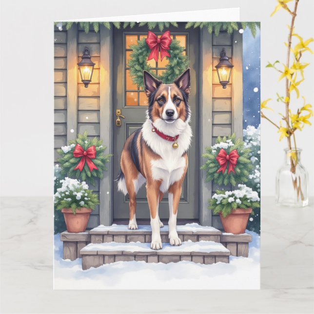 Watercolor Beauceron Rustic Porch Christmas Card (Yellow Flower)