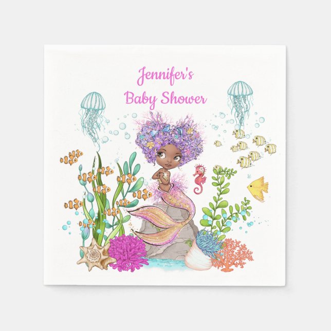 Watercolor Beautiful Brown Little Mermaid Birthday Napkin (Front)
