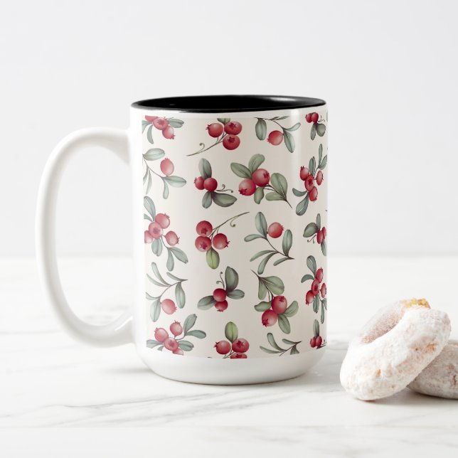 Watercolor Beautiful Cranberry Design Two-Tone Coffee Mug (With Donut)