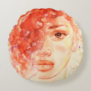 Watercolor beautiful girl round pillow