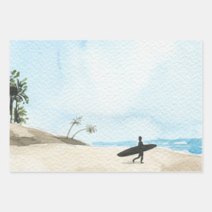 Watercolor Beautiful Ocean Beach and Surfer   Wrapping Paper Sheet
