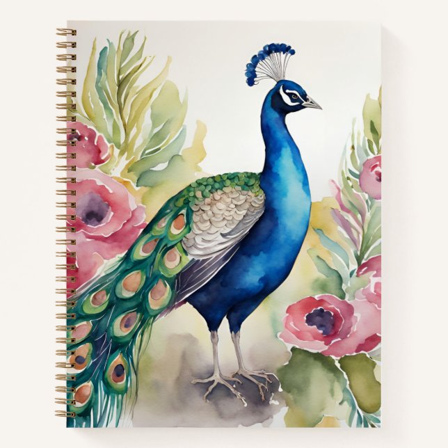 watercolor beautiful peacock among flowers notebook (Front)