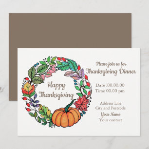 Watercolor Beautiful Pumpkin Wreath with leaves Invitation