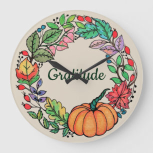 Watercolor Beautiful Pumpkin Wreath with leaves Large Clock