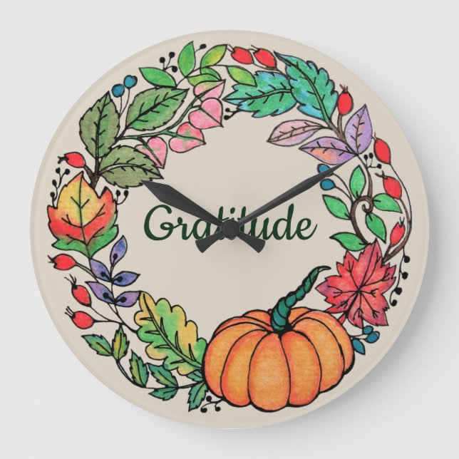 Watercolor Beautiful Pumpkin Wreath with leaves Large Clock (Front)