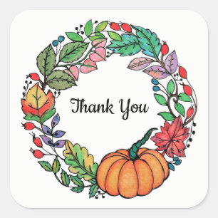 Watercolor Beautiful Pumpkin Wreath with leaves Square Sticker