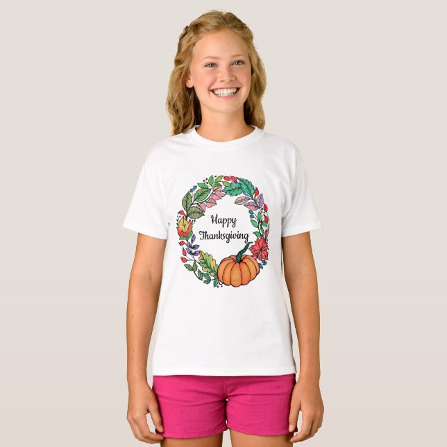 Watercolor Beautiful Pumpkin Wreath with leaves T-Shirt (Front Full)