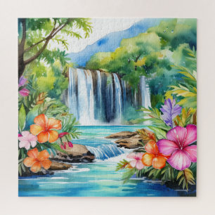Watercolor beautiful tropical waterfall puzzle