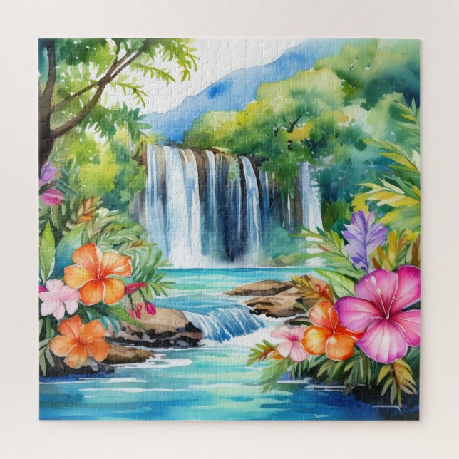 Watercolor beautiful tropical waterfall puzzle (Vertical)