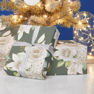 Watercolor Beautiful White Roses Garden Flower Wrapping Paper