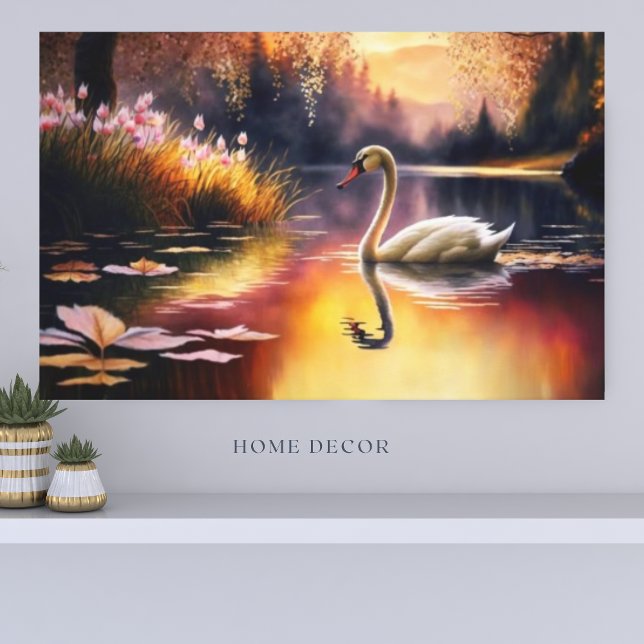 Watercolor Beautiful White Swan in Lake Colourful Canvas Print (Creator Uploaded)