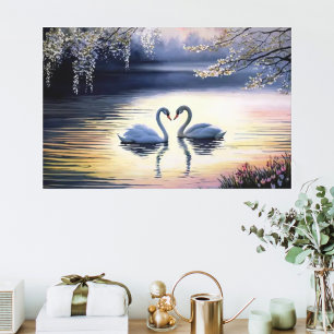 Watercolor Beautiful White Swans in Lake  Canvas Print