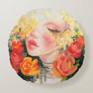 Watercolor beautiful woman and flowers round pillow