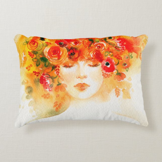 Watercolor beautiful woman wearing wreath accent pillow (Front)