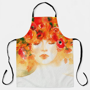 Watercolor beautiful woman wearing wreath apron