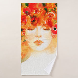 Watercolor beautiful woman wearing wreath bath towel