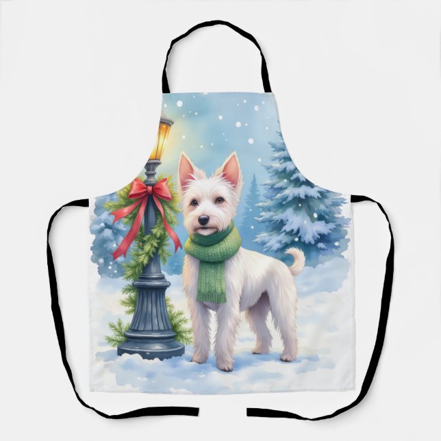Watercolor Bedlington Terrier Lamppost Christmas Apron (Front)