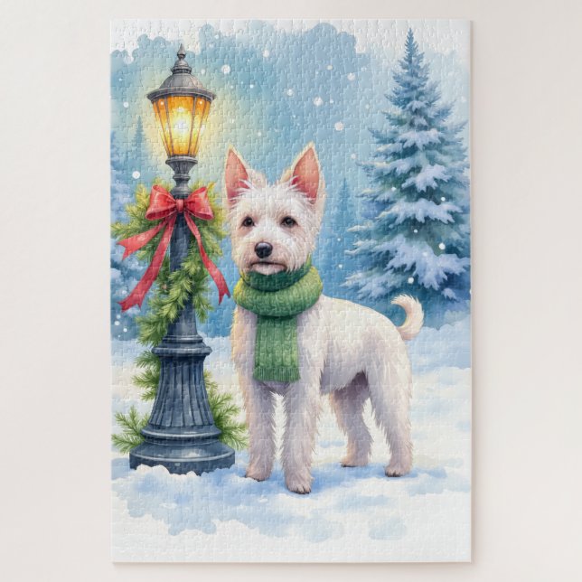 Watercolor Bedlington Terrier Lamppost Christmas Jigsaw Puzzle (Vertical)