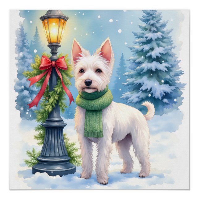Watercolor Bedlington Terrier Lamppost Christmas Poster (Front)
