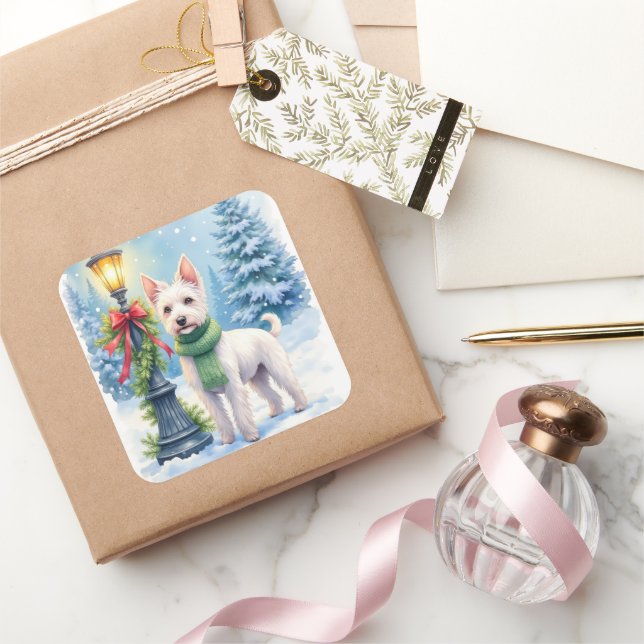 Watercolor Bedlington Terrier Lamppost Christmas Square Sticker (Gifting)