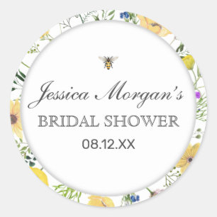 Watercolor Bee And Delicate Wildflower Baby Shower Classic Round Sticker
