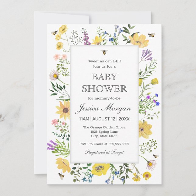 Watercolor Bee And Delicate Wildflower Baby Shower Invitation (Front)