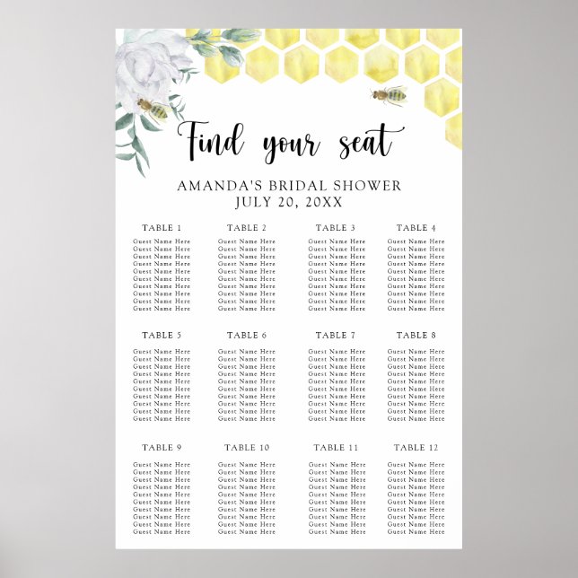 Watercolor bee floral seating chart (Front)