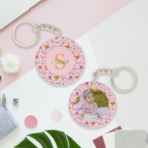 Watercolor Bee Flowers pattern Monogram Name pink Keychain